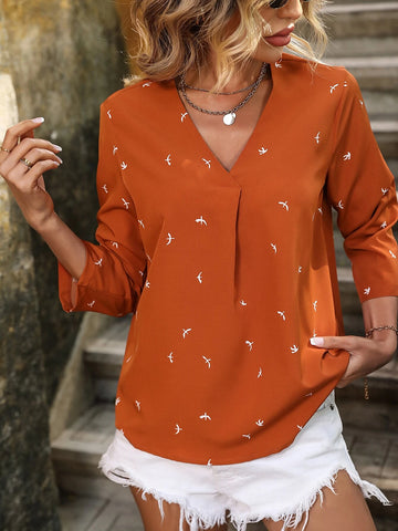 Graphic Print Roll Up Sleeve Blouse