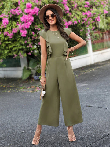 EMERY ROSE Ruffle Trim Wide Leg Jumpsuit