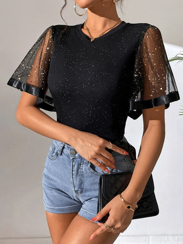 Contrast Mesh Butterfly Sleeve Tee