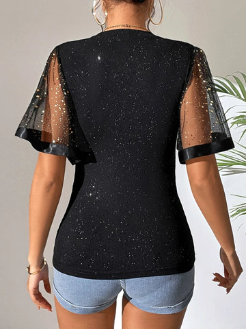 Contrast Mesh Butterfly Sleeve Tee