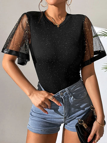 Contrast Mesh Butterfly Sleeve Tee