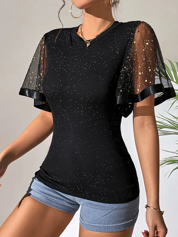 Contrast Mesh Butterfly Sleeve Tee