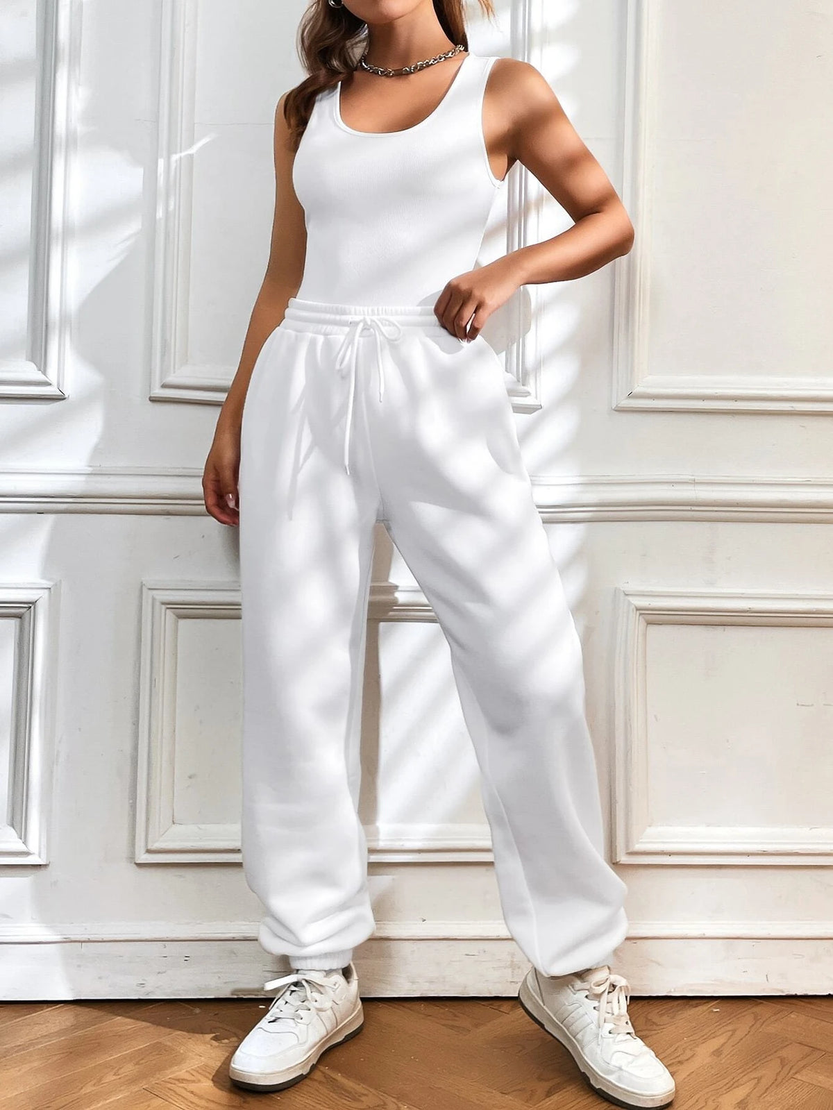 EZwear Solid Crop Tank Bodysuit & Drawstring Waist Sweatpants