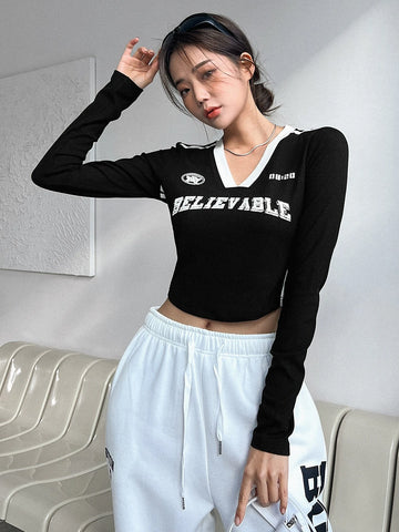 DAZY Letter Graphic Contrast Binding Crop Tee