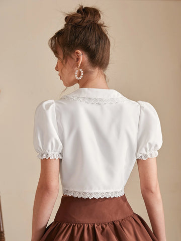 MOD Lace Trim Puff Sleeve Crop Blouse