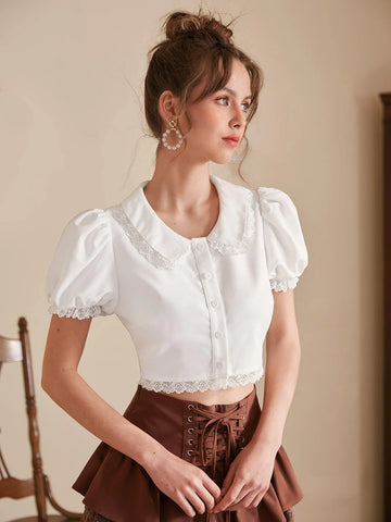 MOD Lace Trim Puff Sleeve Crop Blouse