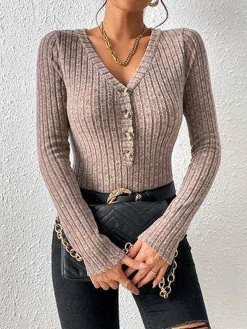Ribbed Knit Half Button Bodysuit