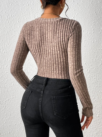 Ribbed Knit Half Button Bodysuit
