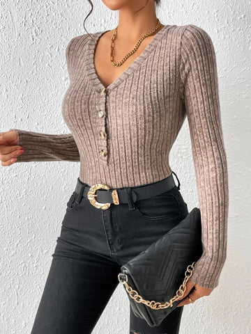 Ribbed Knit Half Button Bodysuit