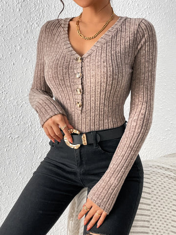 Ribbed Knit Half Button Bodysuit
