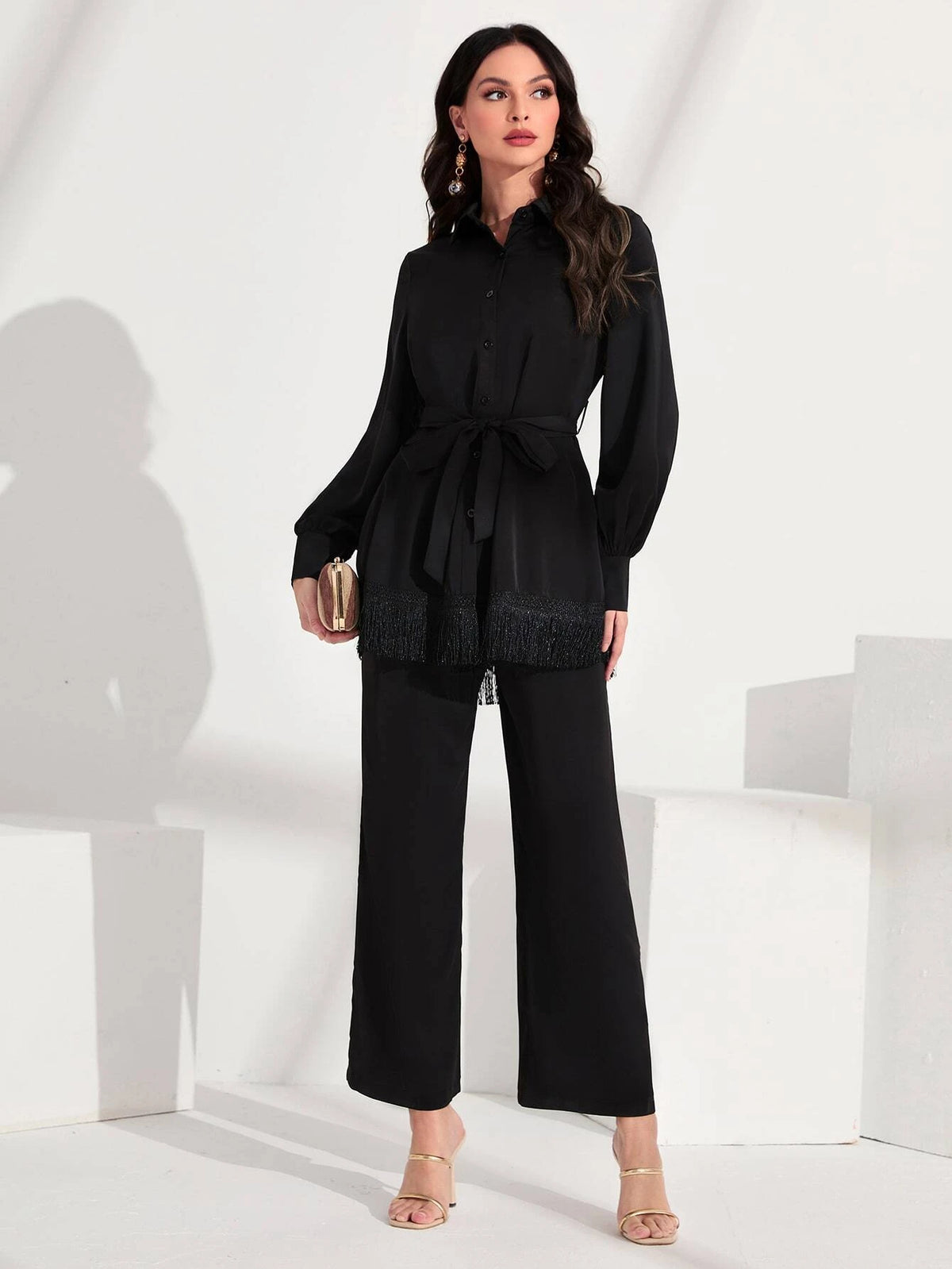Bishop Sleeve Belted Top & Flared Leg Pants