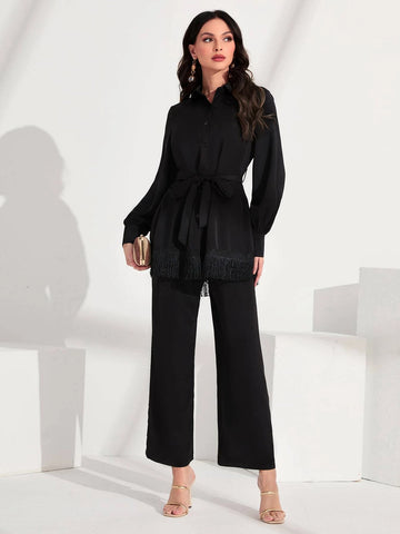Bishop Sleeve Belted Top & Flared Leg Pants