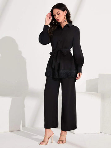 Bishop Sleeve Belted Top & Flared Leg Pants