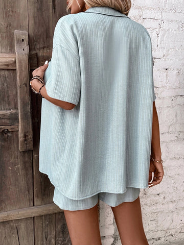 Button Front Batwing Sleeve Shirt & Drawstring Waist Shorts