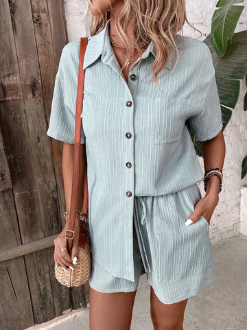 Button Front Batwing Sleeve Shirt & Drawstring Waist Shorts