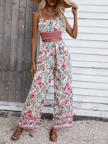 Allover Floral Print Cami Top & Wide Leg Pants