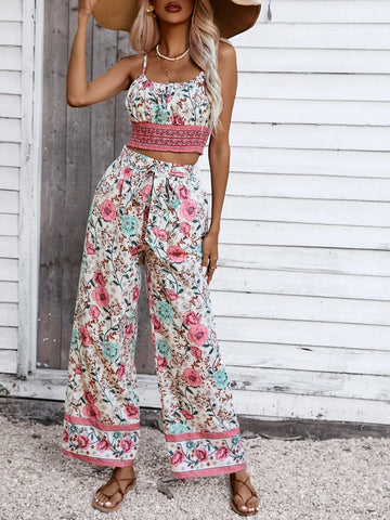 Allover Floral Print Cami Top & Wide Leg Pants