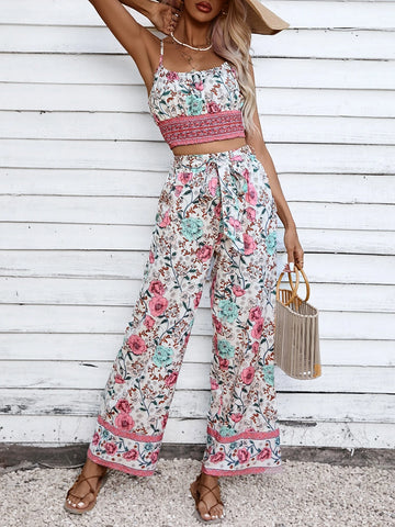 Allover Floral Print Cami Top & Wide Leg Pants