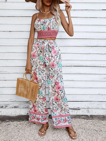 Allover Floral Print Cami Top & Wide Leg Pants