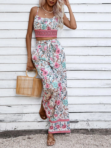 Allover Floral Print Cami Top & Wide Leg Pants