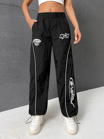 EZwear Letter Graphic Contrast Piping Drawstring Hem Pants