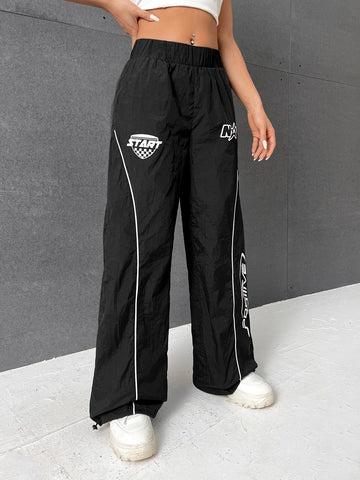 EZwear Letter Graphic Contrast Piping Drawstring Hem Pants