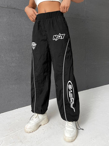 EZwear Letter Graphic Contrast Piping Drawstring Hem Pants