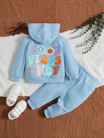 Baby Cartoon Face & Floral Print Hoodie & Sweatpants