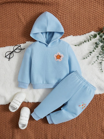 Baby Cartoon Face & Floral Print Hoodie & Sweatpants