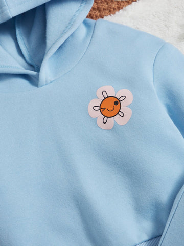 Baby Cartoon Face & Floral Print Hoodie & Sweatpants