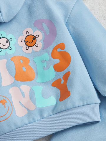 Baby Cartoon Face & Floral Print Hoodie & Sweatpants
