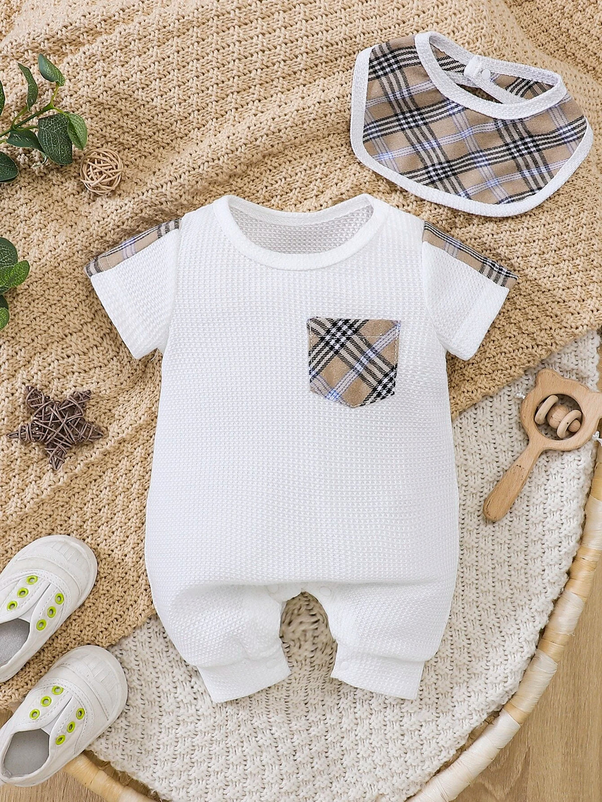 Baby Plaid Patched Pocket Waffle Knit Romper & Bib