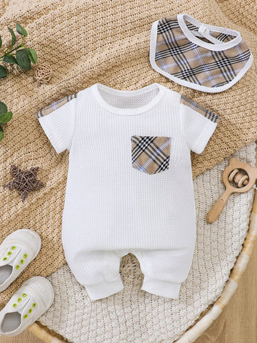 Baby Plaid Patched Pocket Waffle Knit Romper & Bib