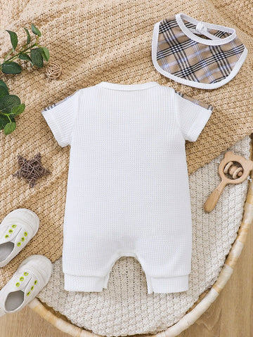 Baby Plaid Patched Pocket Waffle Knit Romper & Bib