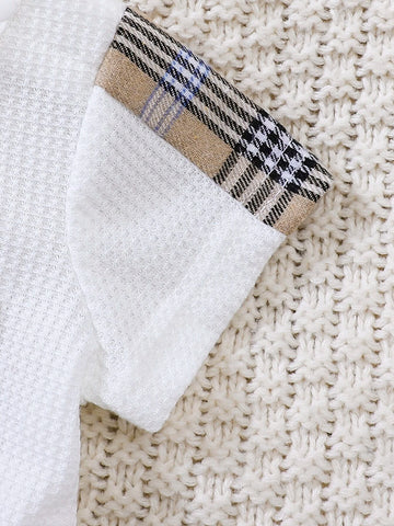 Baby Plaid Patched Pocket Waffle Knit Romper & Bib