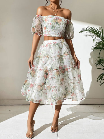 Floral Print Off Shoulder Top & Skirt