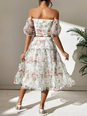 Floral Print Off Shoulder Top & Skirt