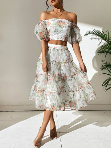 Floral Print Off Shoulder Top & Skirt