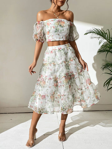 Floral Print Off Shoulder Top & Skirt