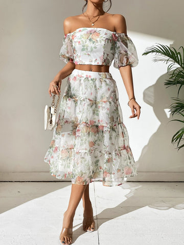 Floral Print Off Shoulder Top & Skirt