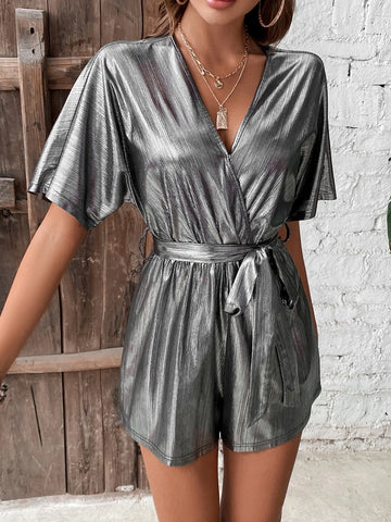 Surplice Neck Batwing Sleeve Belted Romper