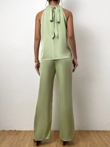 Halter Neck Tank Blouse & Wide Leg Pants