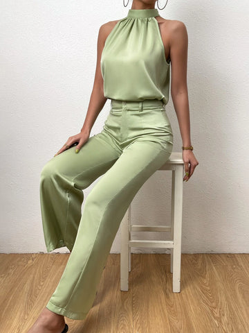 Halter Neck Tank Blouse & Wide Leg Pants