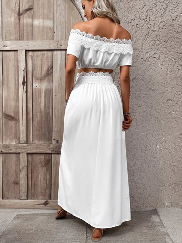Solid Lace Trim Off Shoulder Crop Top & Split Thigh Pants