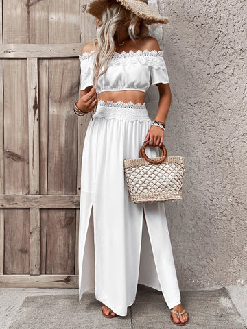 Solid Lace Trim Off Shoulder Crop Top & Split Thigh Pants