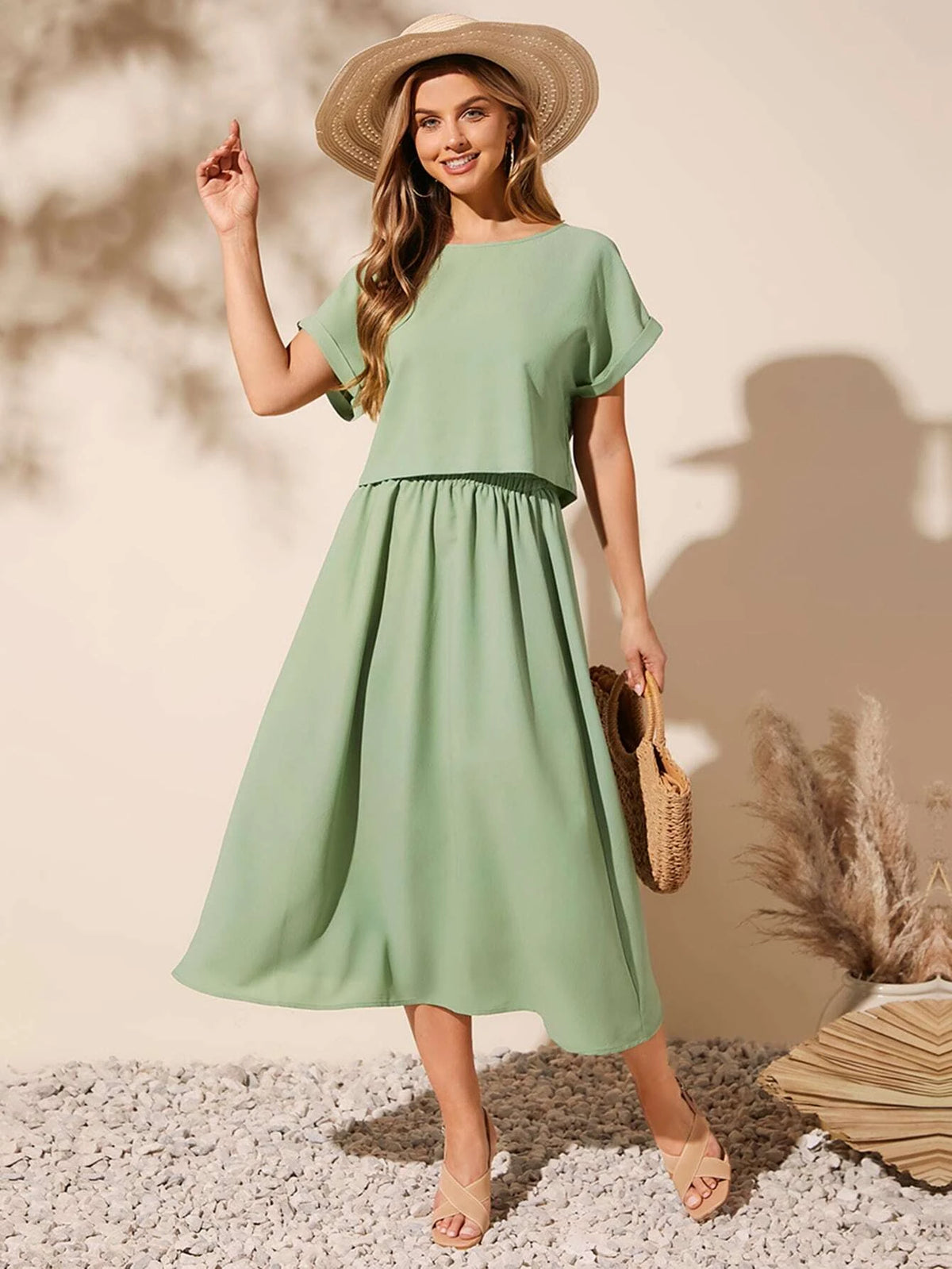 EMERY ROSE Batwing Sleeve Solid Top & Skirt Set
