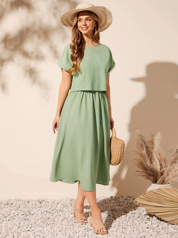 EMERY ROSE Batwing Sleeve Solid Top & Skirt Set