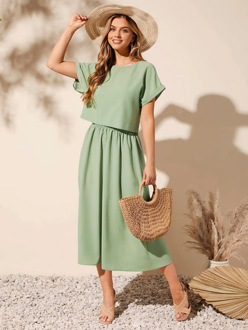 EMERY ROSE Batwing Sleeve Solid Top & Skirt Set