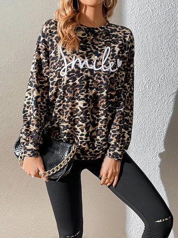 Letter & Leopard Print Drop Shoulder Sweatshirt & Leggings