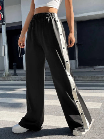EZwear Contrast Side Seam Split Hem Button Detail Pants